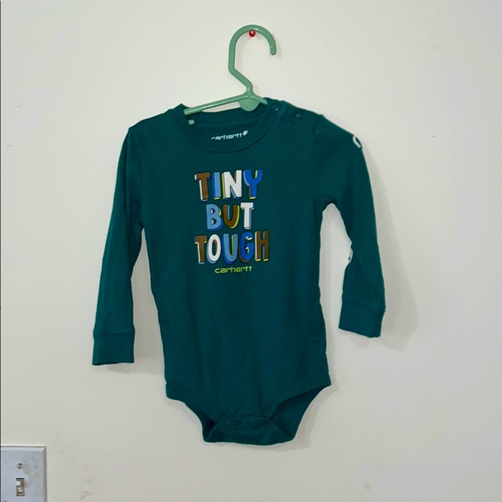 NWOT Carhartt Green Long Sleeve Onesie with. Logo on Left sleeve. Tiny but Tough